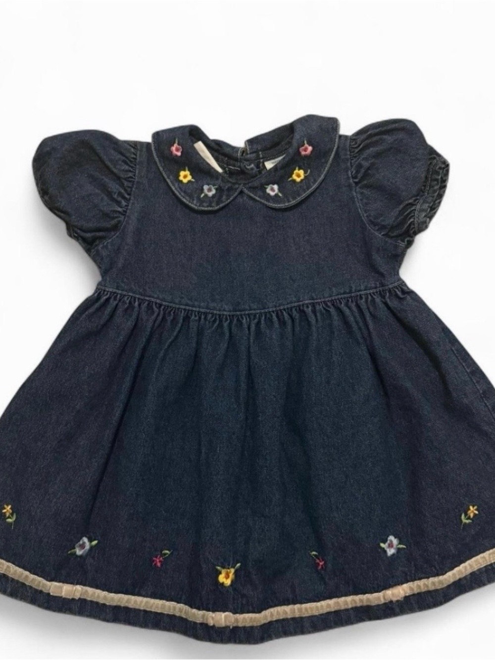 Blueberi Boulevard vintage navy denim dress with floral embroidery
